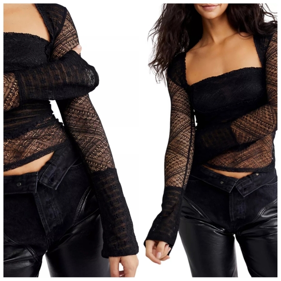 Free People My Party Lace Long Sleeve Top In Black Size Medium - Picture 1 of 9